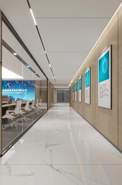 Modern Office Corridor With Wooden Walls Blue Posters White Marble Flooring And Ceiling Lights 3d model
