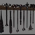 Various Metal Spiked Hammers And Weapons Hanging On Wooden Wall Rack