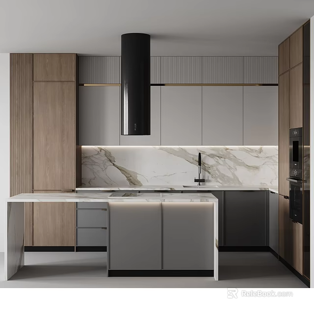 Modern Kitchen Interior With Wooden And White Cabinets Marble Countertop Island And Range Hood 3d model 