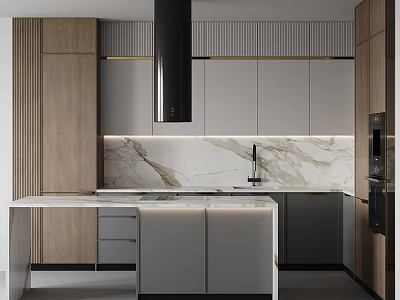 Modern Kitchen Interior With Wooden And White Cabinets Marble Countertop Island And Range Hood 3d model