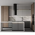 Modern Kitchen Interior With Wooden And White Cabinets Marble Countertop Island And Range Hood
