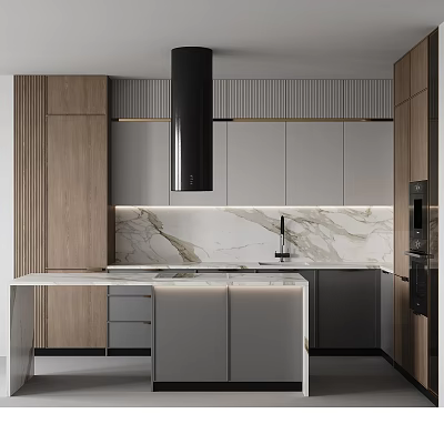 Modern Kitchen Interior With Wooden And White Cabinets Marble Countertop Island And Range Hood 3d model