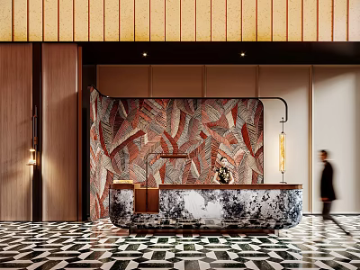 Luxury Hotel Reception Desk With Patterned Wall Geometric Floor And Modern Lighting Fixtures 3d model
