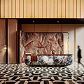 Luxury Hotel Reception Desk With Patterned Wall Geometric Floor And Modern Lighting Fixtures 3d model