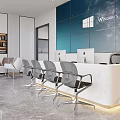 Modern Front Desk Reception with Large Screen Wall Windows 10 Logo and Ergonomic Chairs