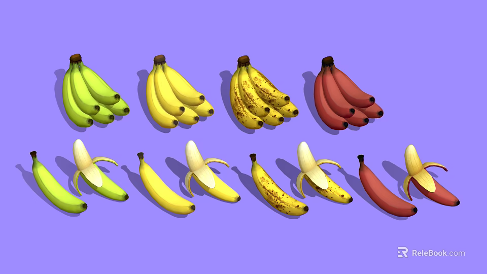Various Ripe And Unripe Bananas Including Green Yellow Spotted Red And Peeled Varieties 3d model 