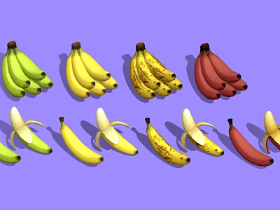 Various Ripe And Unripe Bananas Including Green Yellow Spotted Red And Peeled Varieties 3d model