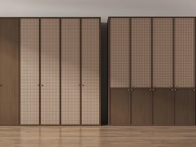 Modern Minimalist Wardrobes With Light Dark Brown Frames Lattice Pattern Panels And Gold Handles 3d model