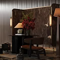 Elegant Black Round Console Table With Floral Arrangement Crane Patterned Backdrop And Table Lamp