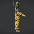 Game Movie Character In Yellow Protective Suit With Gas Mask And Backpack Gear