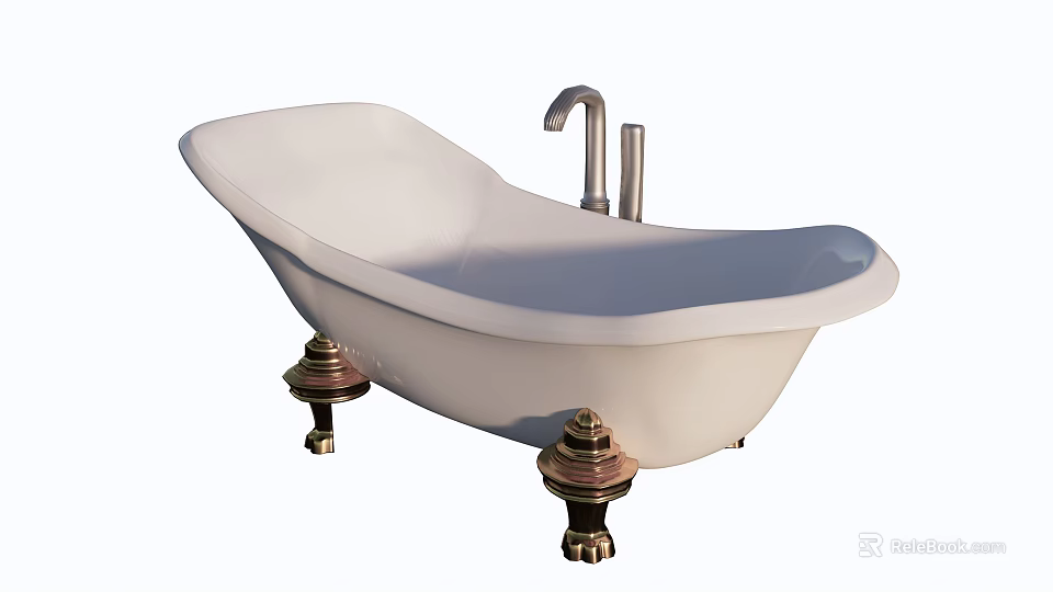 Classic Free standing White Bathtub With Brass Feet And Silver Faucet 3d model 