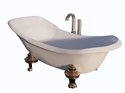 Classic Free standing White Bathtub With Brass Feet And Silver Faucet 3d model