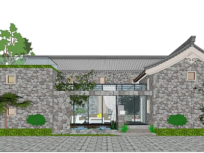 Traditional Stone Homestay Building With Glass Doors Green Plants And Courtyard 3d model