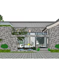 Traditional Stone Homestay Building With Glass Doors Green Plants And Courtyard