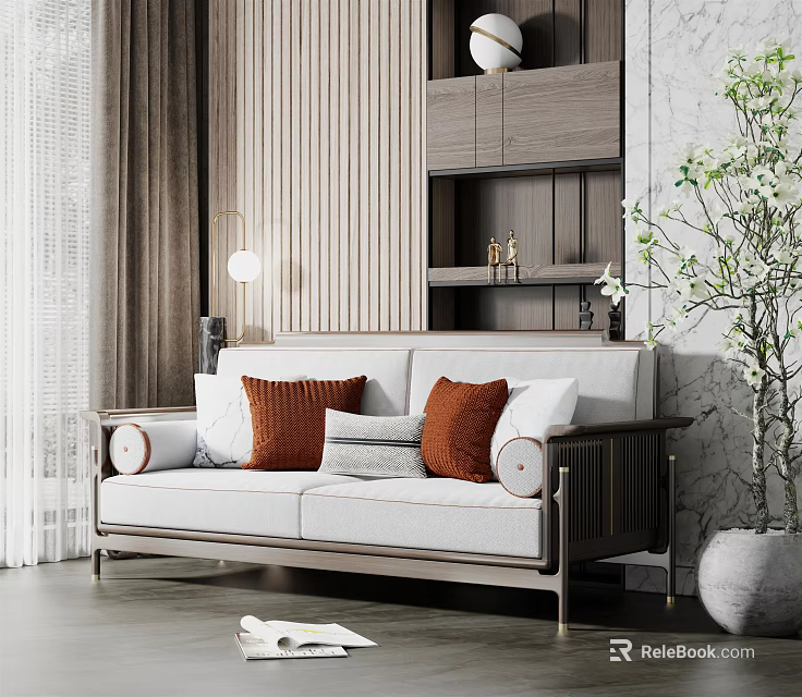 Modern Two Seater Sofa With Orange Gray Pillows Wooden Armrests And Green Plant 3d model 