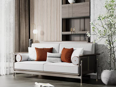 Modern Two Seater Sofa With Orange Gray Pillows Wooden Armrests And Green Plant 3d model