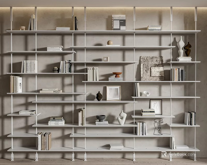 Light Gray Modern Open Shelf Bookcase with Books Photo Frames and Decorative Vases 3d model 