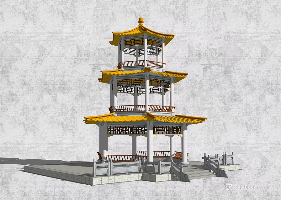 Traditional Chinese Three Story Pavilion With Yellow Roof White Pillars Stone Steps And Railings 3d model 