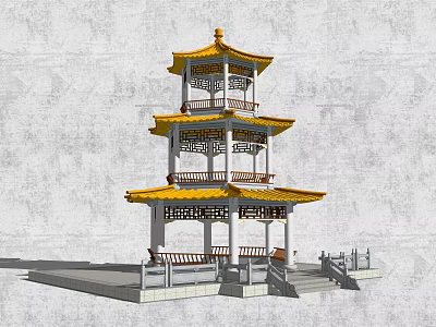 Traditional Chinese Three Story Pavilion With Yellow Roof White Pillars Stone Steps And Railings 3d model