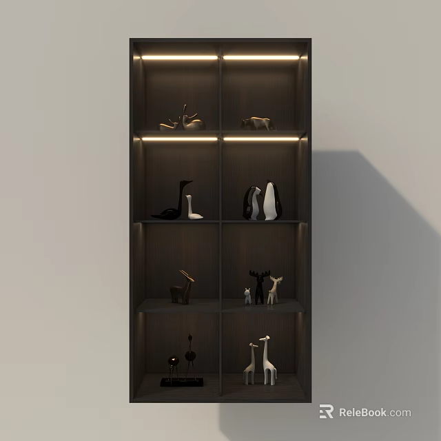 Sleek Modern Decorative Cabinet With Multiple Shelves And Illuminated Animal Figurines 3d model 