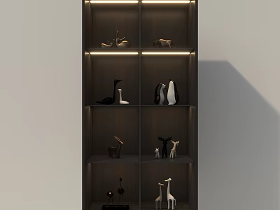 Sleek Modern Decorative Cabinet With Multiple Shelves And Illuminated Animal Figurines 3d model