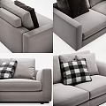 Modern Three-Seater Sofa In Light Gray Fabric With Dark And Checkered Pattern Decorative Pillows 3d model