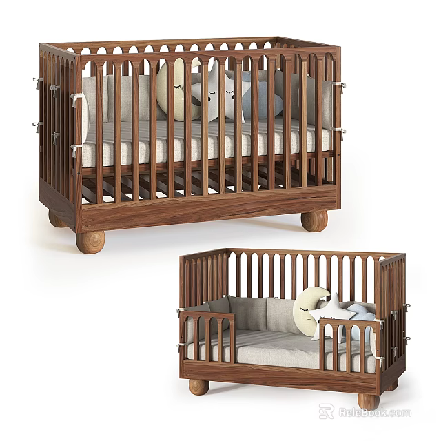 Solid Wooden Baby Crib With Rail Design Soft Mattress And Rolling Wheels 3d model 