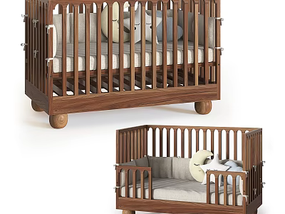Solid Wooden Baby Crib With Rail Design Soft Mattress And Rolling Wheels 3d model