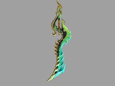 Fantasy Weapon With Intricate Green Gold Blue Dragon Pattern And Ornate Glowing Blade Design 3d model