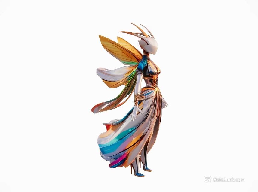 Elegant Colorful Fairy Figurine With Flowing Multicolored Dress And Artistic Wings 3d model 