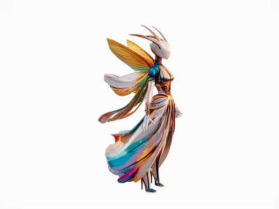 Elegant Colorful Fairy Figurine With Flowing Multicolored Dress And Artistic Wings 3d model
