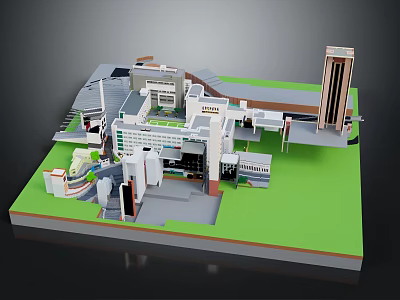 Detailed Architectural Building Complex Model With Various Structures And Green Lawn Areas 3d model