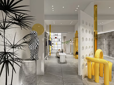 Stylish Modern Clothing Store Interior With Yellow Decor Plants Curved Furniture And Spotlights 3d model