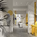 Stylish Modern Clothing Store Interior With Yellow Decor Plants Curved Furniture And Spotlights
