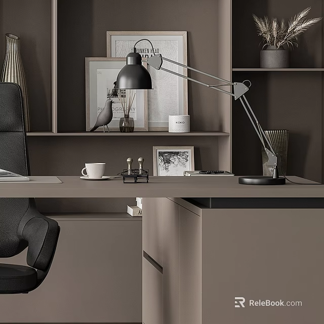 Modern Adjustable Desk Lamp In Stylish Home Office With Metal Arm Wooden Desk And Decorations 3d model 