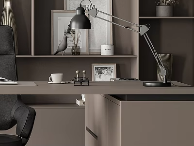 Modern Adjustable Desk Lamp In Stylish Home Office With Metal Arm Wooden Desk And Decorations 3d model