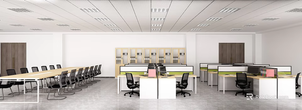 Modern Public Office Space Interior With Partitioned Desks File Cabinets And Ceiling Lights 3d model