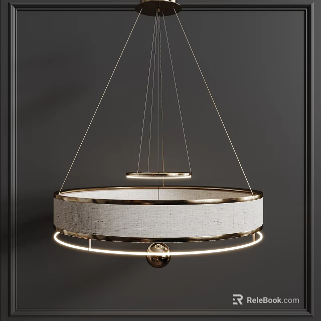 Modern Gold Circular Chandelier With Fabric Lampshade And Hanging Metal Rings 3d model 