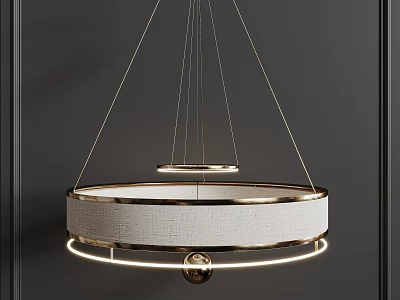 Modern Gold Circular Chandelier With Fabric Lampshade And Hanging Metal Rings 3d model