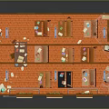 Cartoon Classroom Scene with Blue Walls Wooden Floor Tables Chairs Paintings Windows and Bookshelf