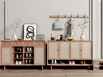 Natural Wooden Shoe Cabinet With Rattan Doors Hanging Hooks And Decorative Ornaments 3d model