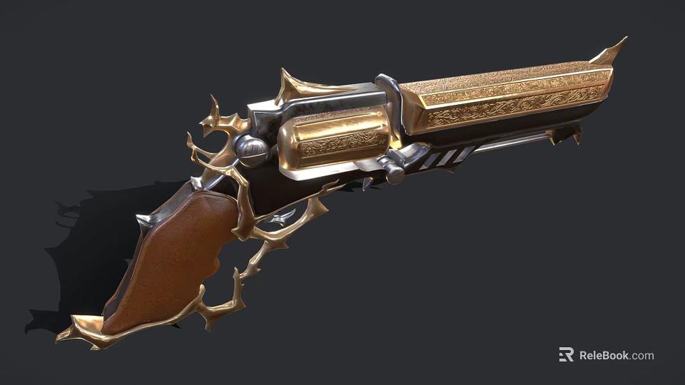 Ornate Decorative Revolver With Golden Accents Wooden Grip And Intricate Carvings On Metal Frame 3d model 