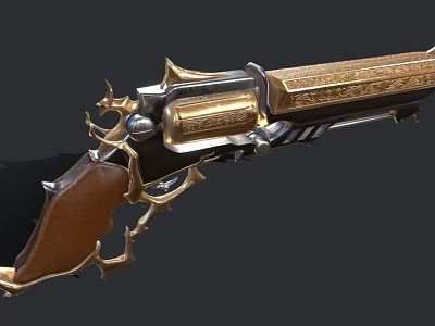 Ornate Decorative Revolver With Golden Accents Wooden Grip And Intricate Carvings On Metal Frame 3d model