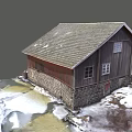 Old Barn With Wooden Walls Stone Base Gray Roof Windows Snowy Ground And Ice