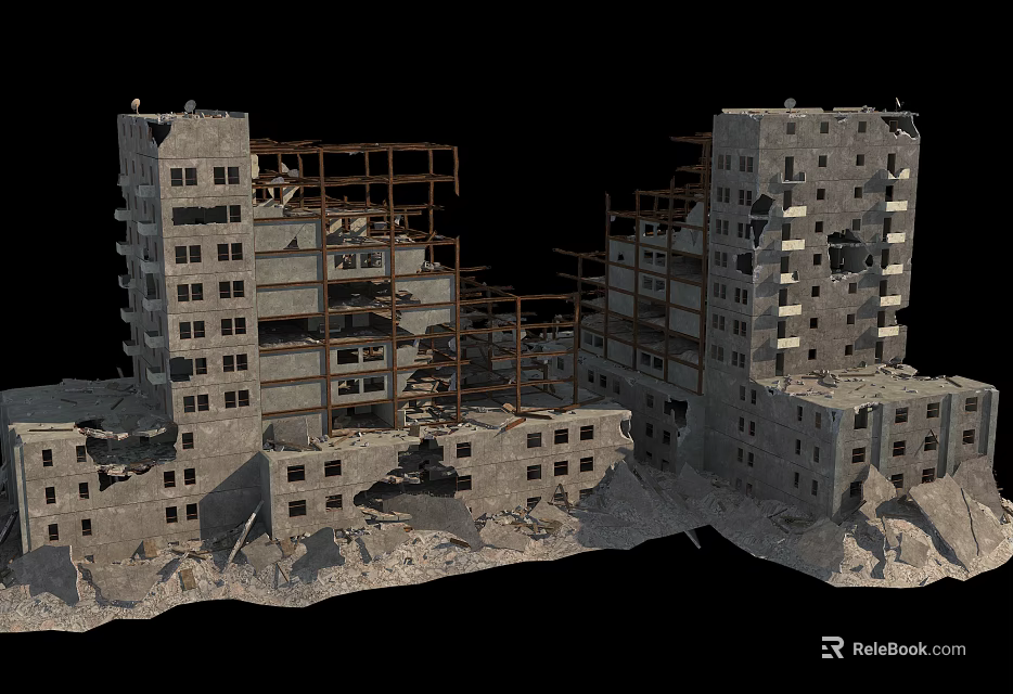 Collapsed Building Ruins With Exposed Steel Structure And Damaged Concrete Walls 3d model 
