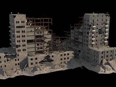 Collapsed Building Ruins With Exposed Steel Structure And Damaged Concrete Walls 3d model