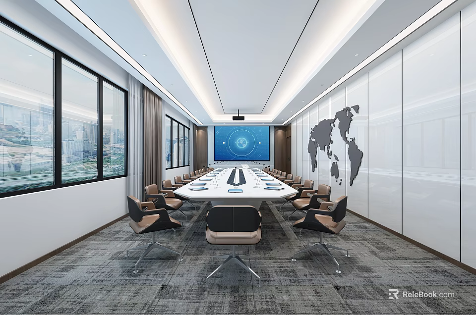 Modern Conference Room With Long Table Chairs Large Windows Projection Screen And World Map Wall 3d model