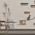 Stylish Accent Chair with Potted Palm Plant and Cat Shelves on White Textured Wall