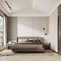 Modern Bedroom Interior With Striped Gray Bedhead Wooden Nightstand And Black Gold Wall Lamp