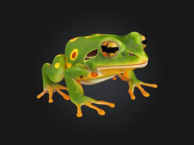 Vibrant Green Aquatic Frog With Yellow Spots And Large Eyes On Black Background 3d model